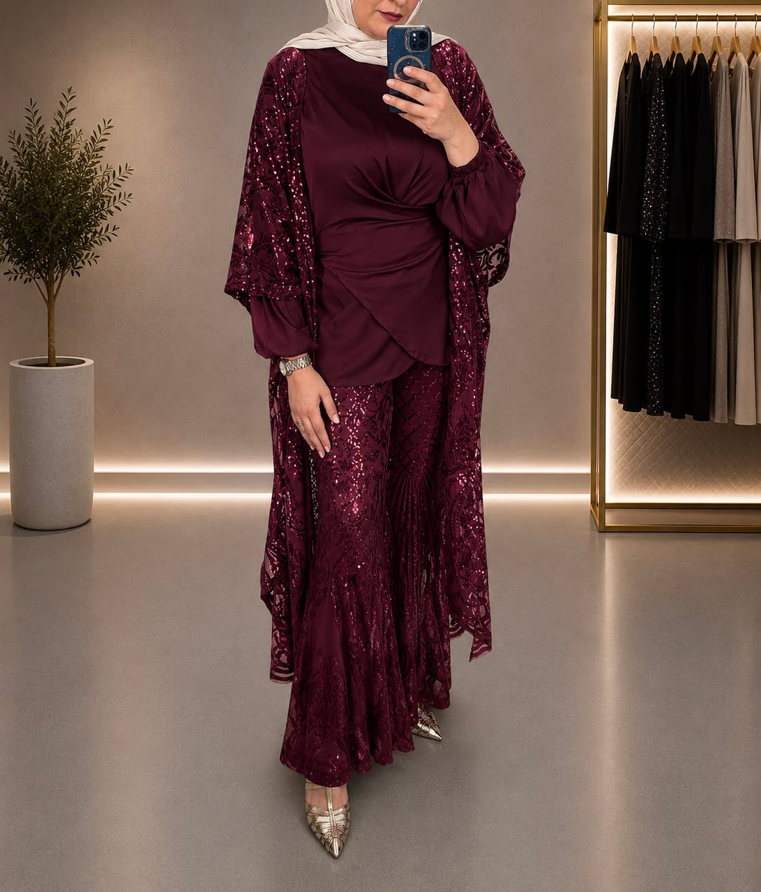 3-Piece Cardigan Applique, Pants Applique, Cross Satin Blouse